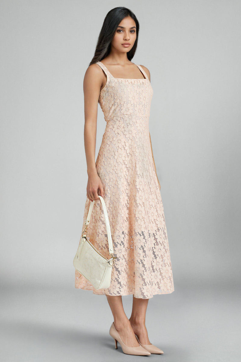 Peach Lace Midi Dress