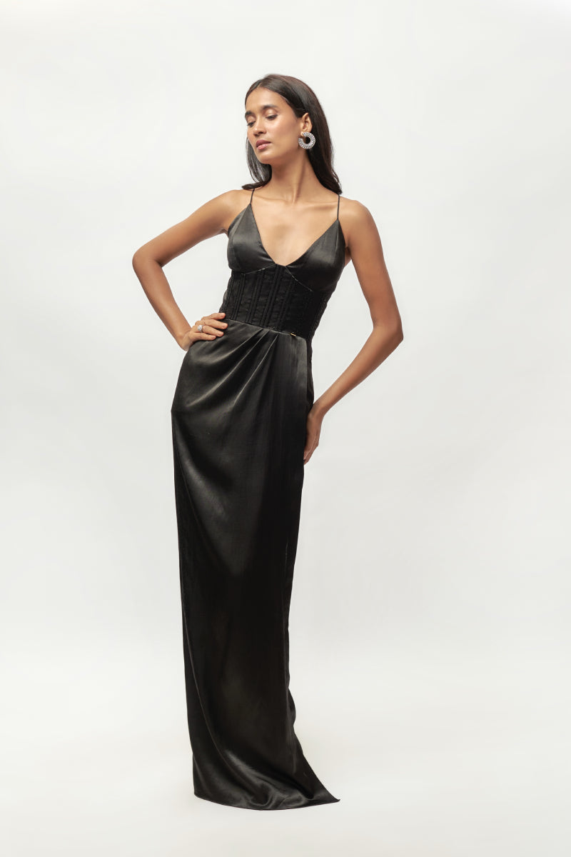 Black Corset Embellished Drape Gown