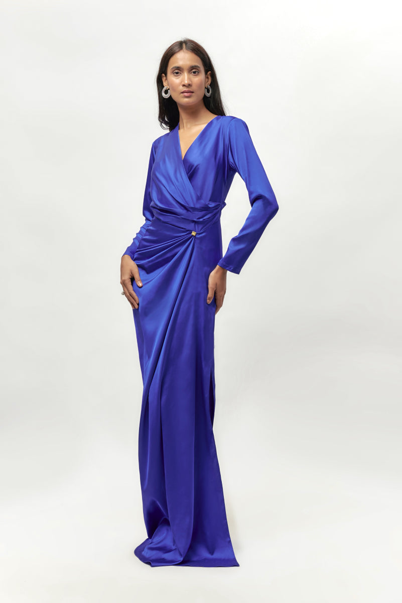 Blue Satin Drape Full Sleeve Dress