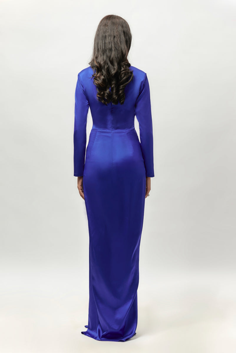Blue Satin Drape Full Sleeve Dress