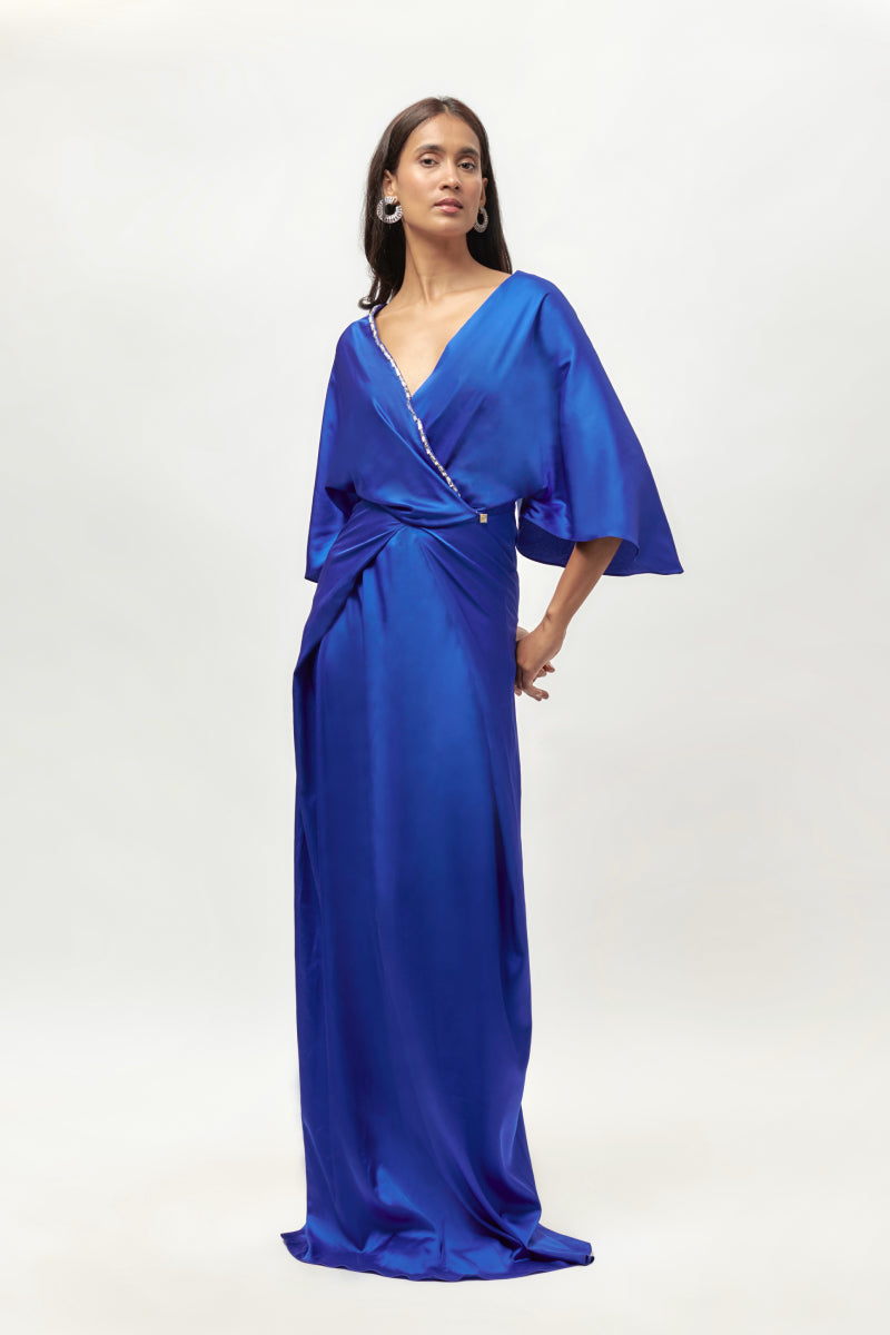 Blue Satin Embellished Drape Kimino Sleeve Dress