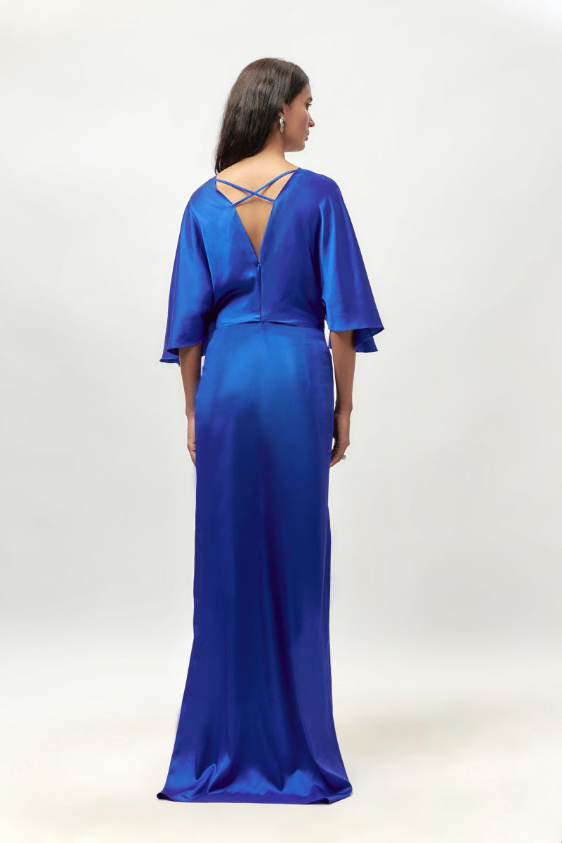 Blue Satin Embellished Drape Kimino Sleeve Dress