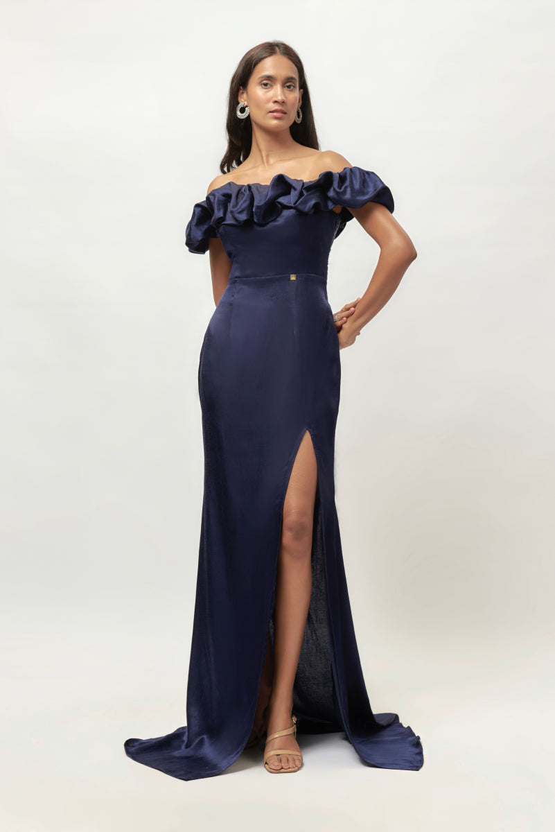 Navy Blue Ruflle Off Shoulder Gown