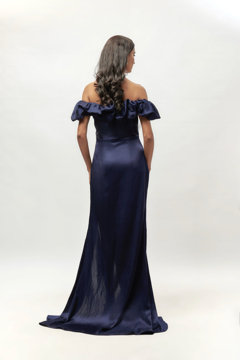 Navy Blue Ruflle Off Shoulder Gown