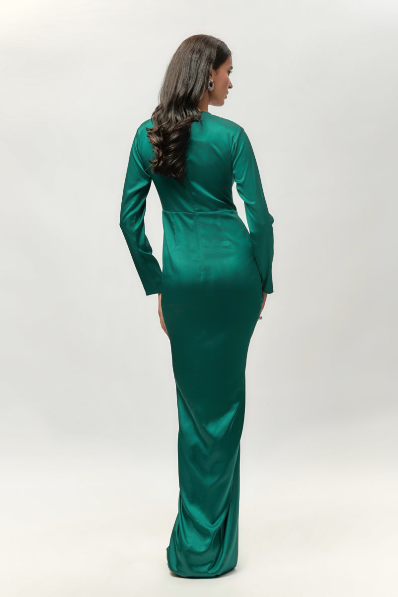Teal Green Drape Full Sleeve Satin Dress