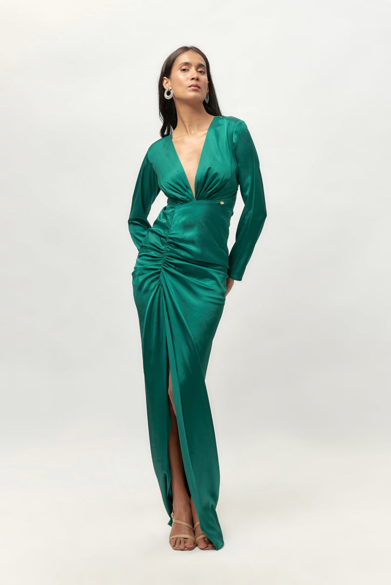 Teal Green Drape Full Sleeve Satin Dress