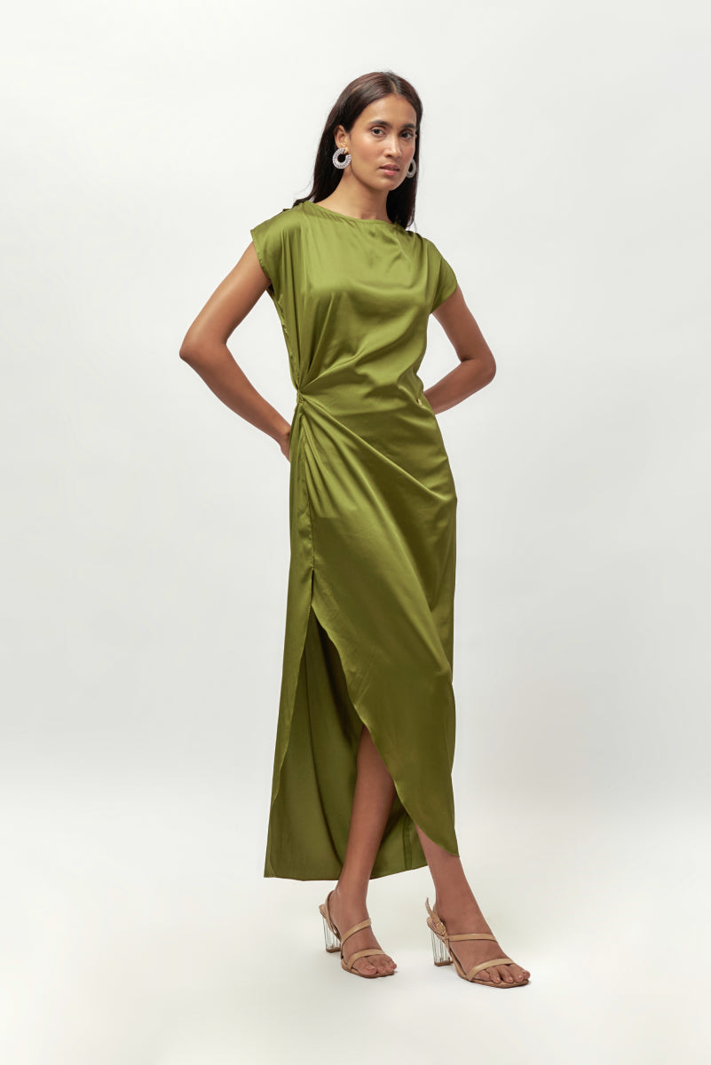 Olive Green Drape Satin Dress