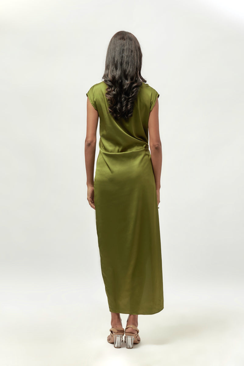 Olive Green Drape Satin Dress
