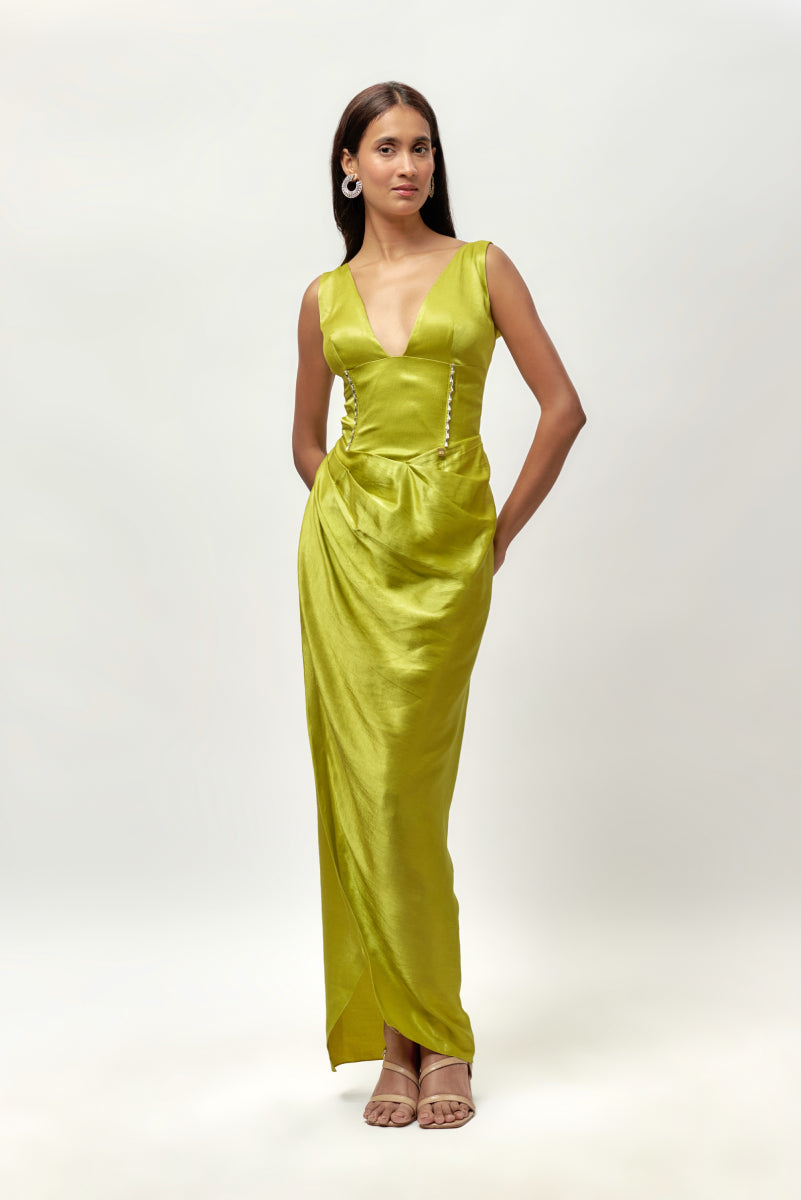 Neon Green Drape Embellished Gown