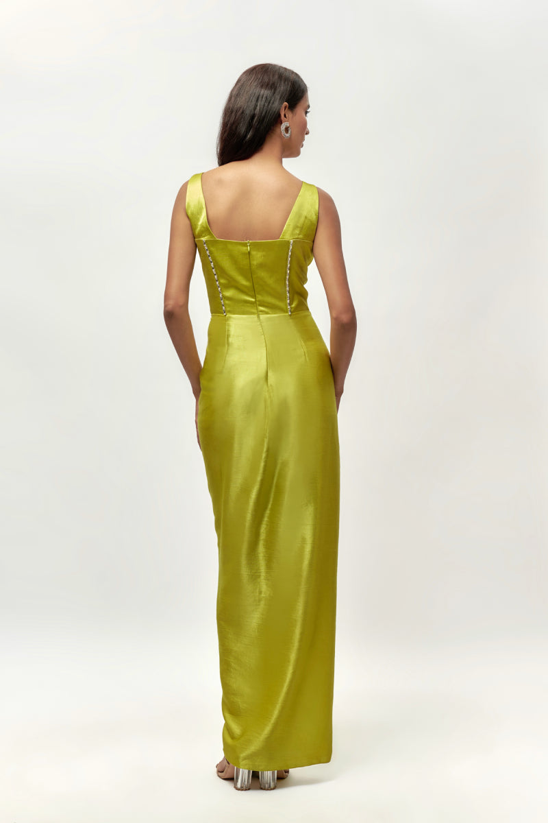 Neon Green Drape Embellished Gown