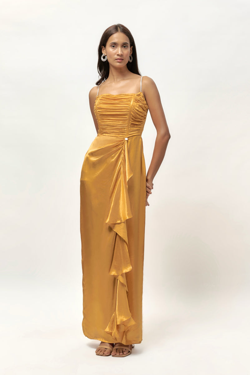 Golden Embellished Corset Drape Dress