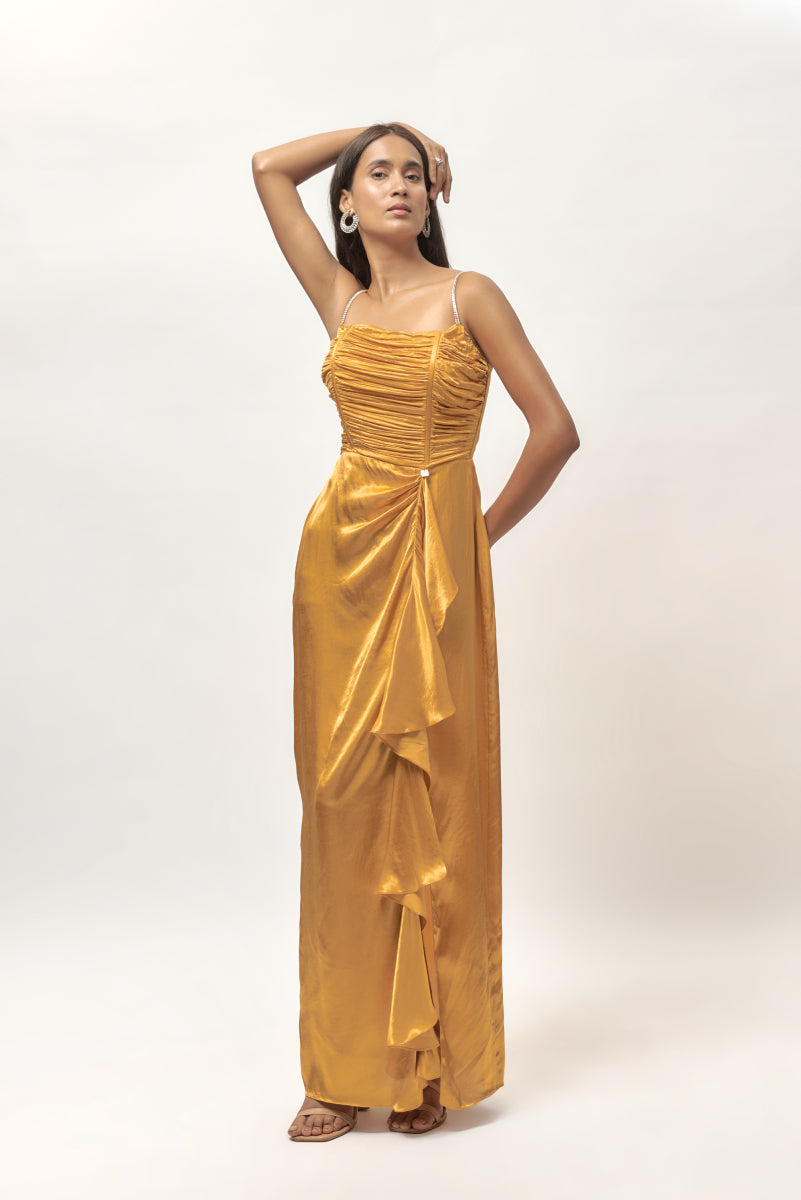 Golden Embellished Corset Drape Dress