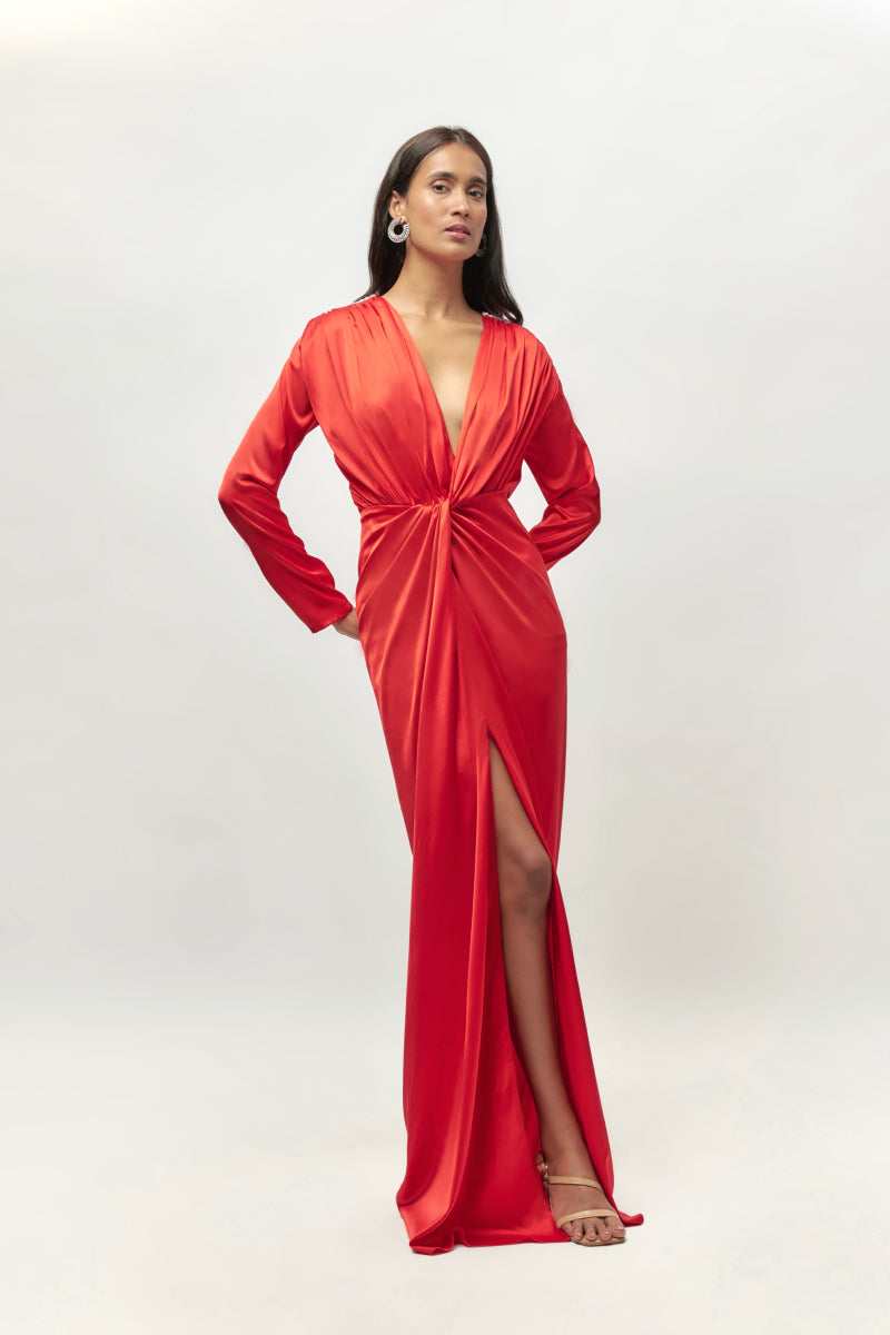 Red Embellished Drape Dress