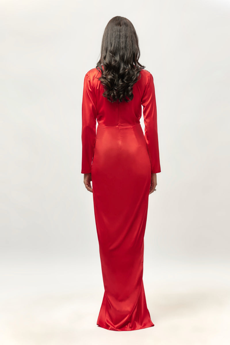 Red Embellished Drape Dress