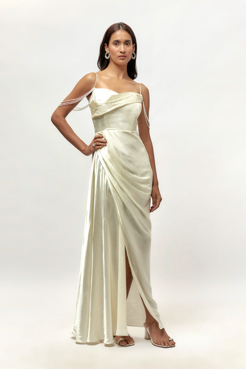 Off White Corset Drape Embellished Dress