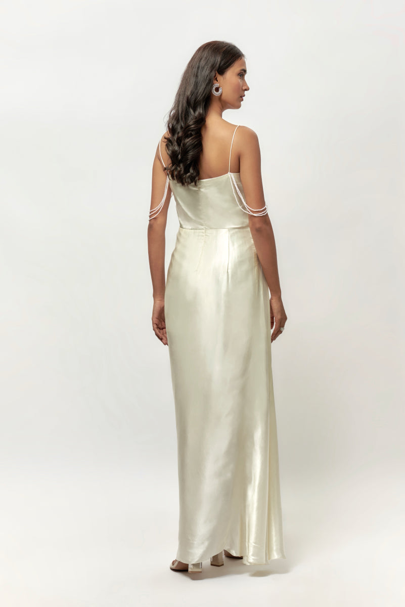 Off White Corset Drape Embellished Dress