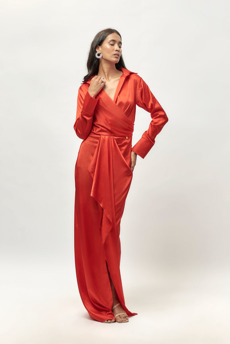 Red Drape Shirt Dress