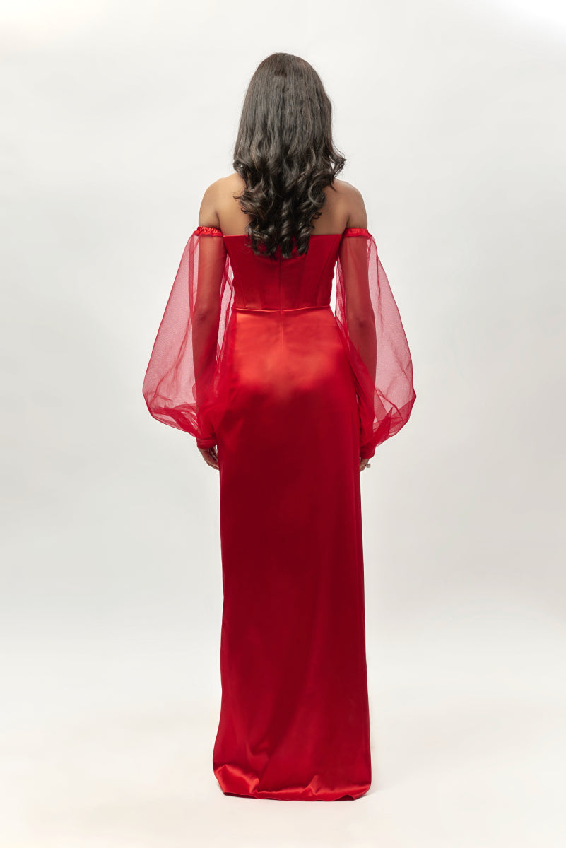 Red Corset Drape Gown With Sleeves