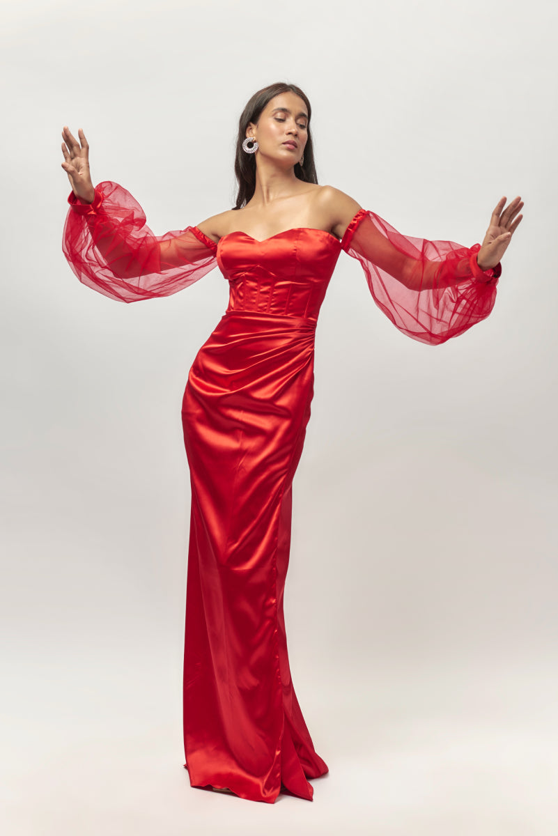 Red Corset Drape Gown With Sleeves