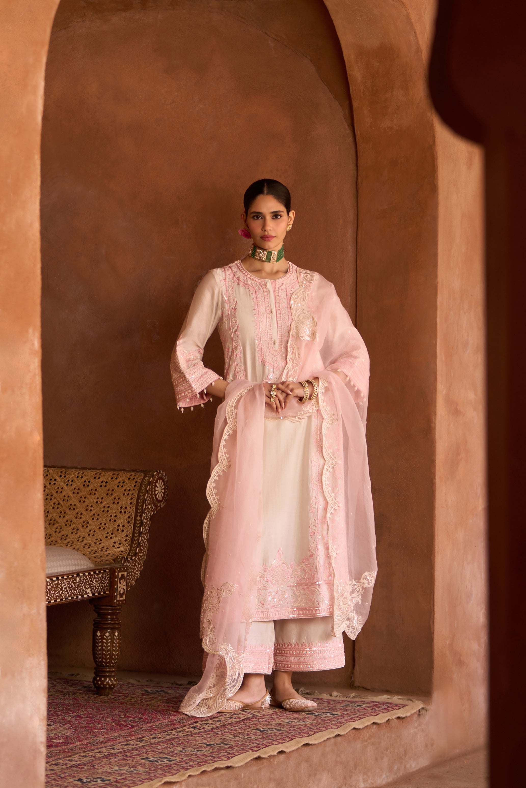 ENA - DAISY IVORY WITH PINK LONG A-LINE KURTA WITH PALAZZO AND DUPATTA
