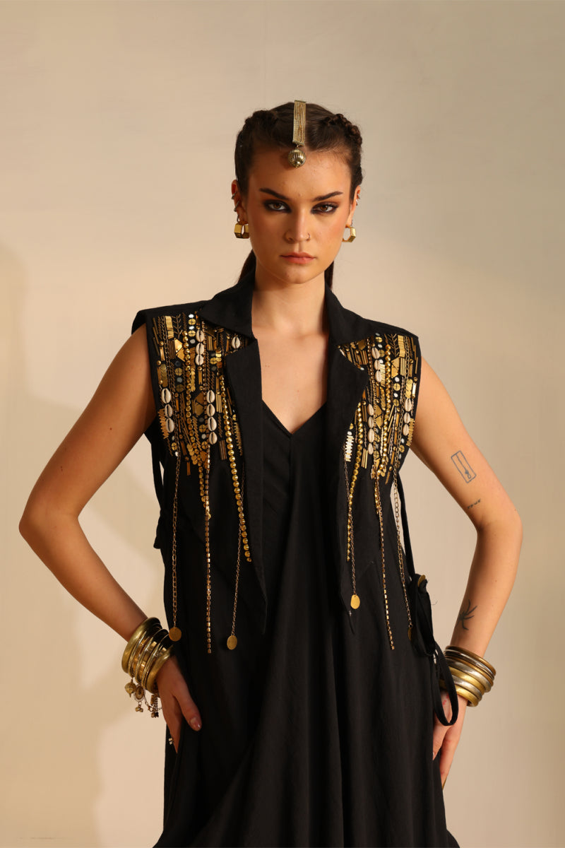 Cowl dress with a cape blazer waistcoat