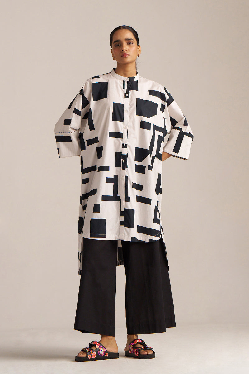 White and Black Print Cotton Asymmetric Shirt Kurta