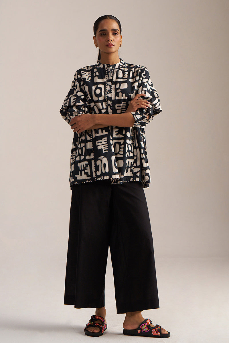 Black and Cream Printed Cotton Short kurta