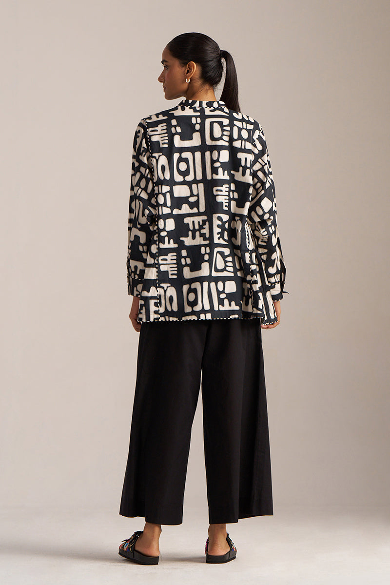 Black and Cream Printed Cotton Short kurta