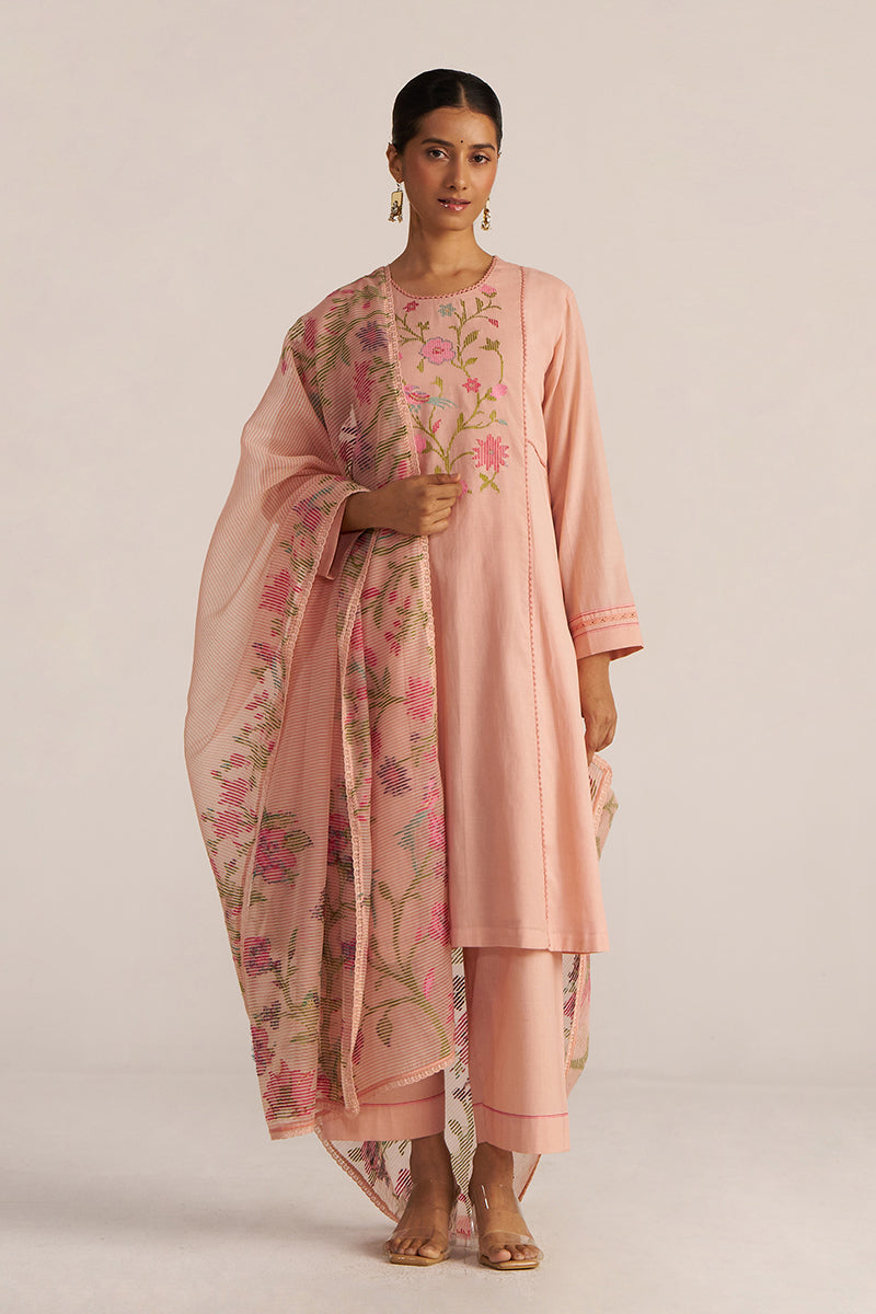 Pale Blush Embroidered and Woven Kurta Set