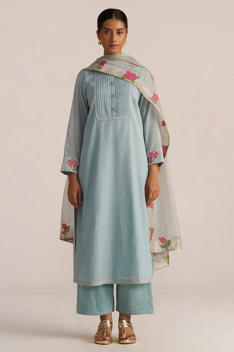 Ether Blue Embroidered and Woven Kurta Set