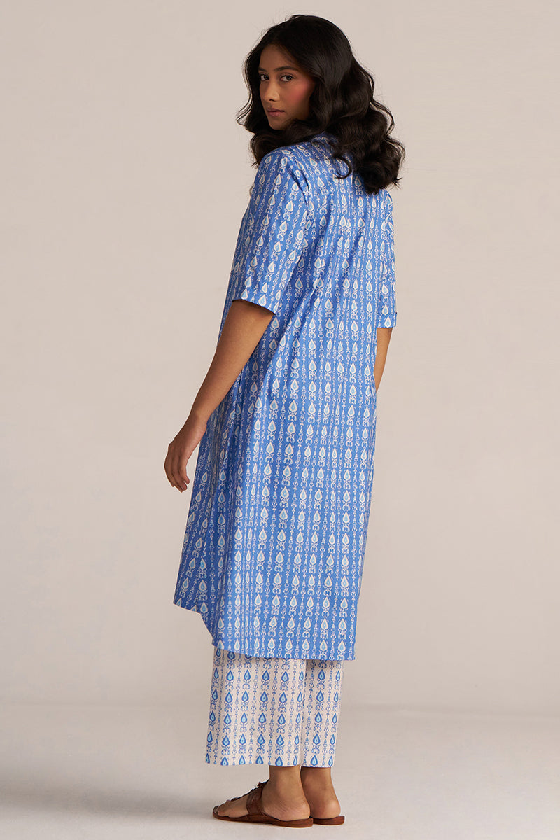 Blue And White Cotton Print Co-Ord Set