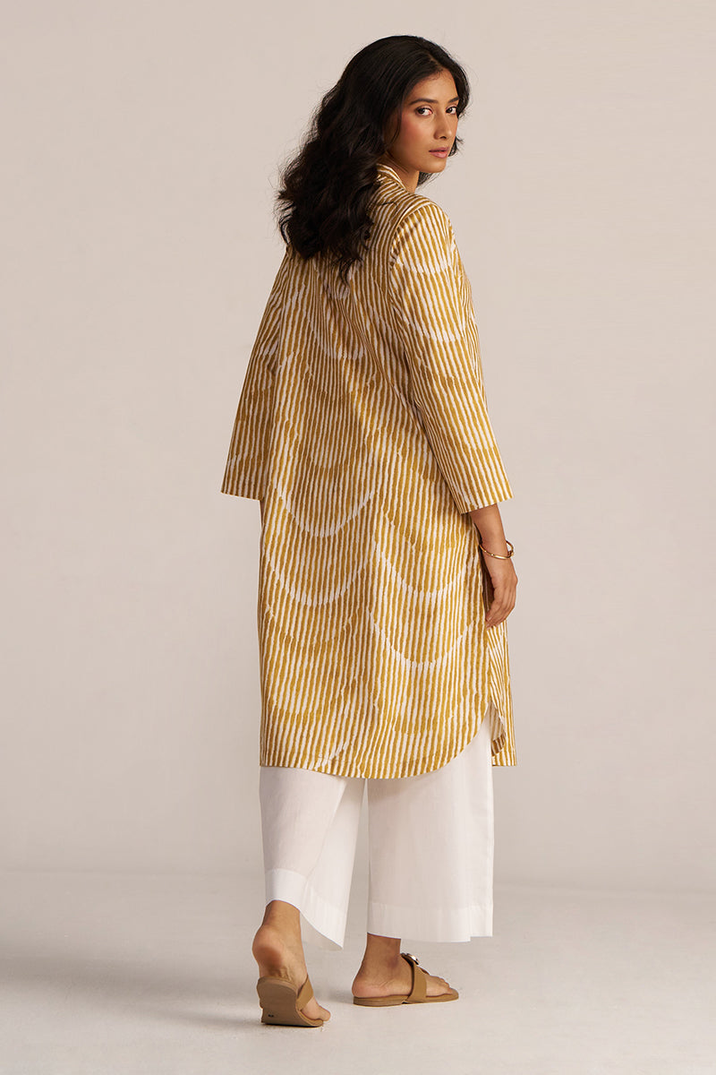 Mustard And White Print Cotton Kurta