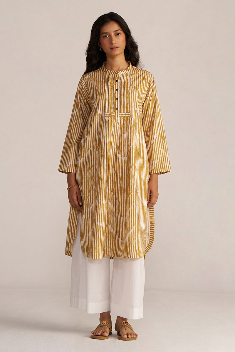 Mustard And White Print Cotton Kurta