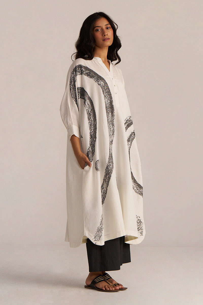 Off-White And Black Abstract Woven Co-Ord Set