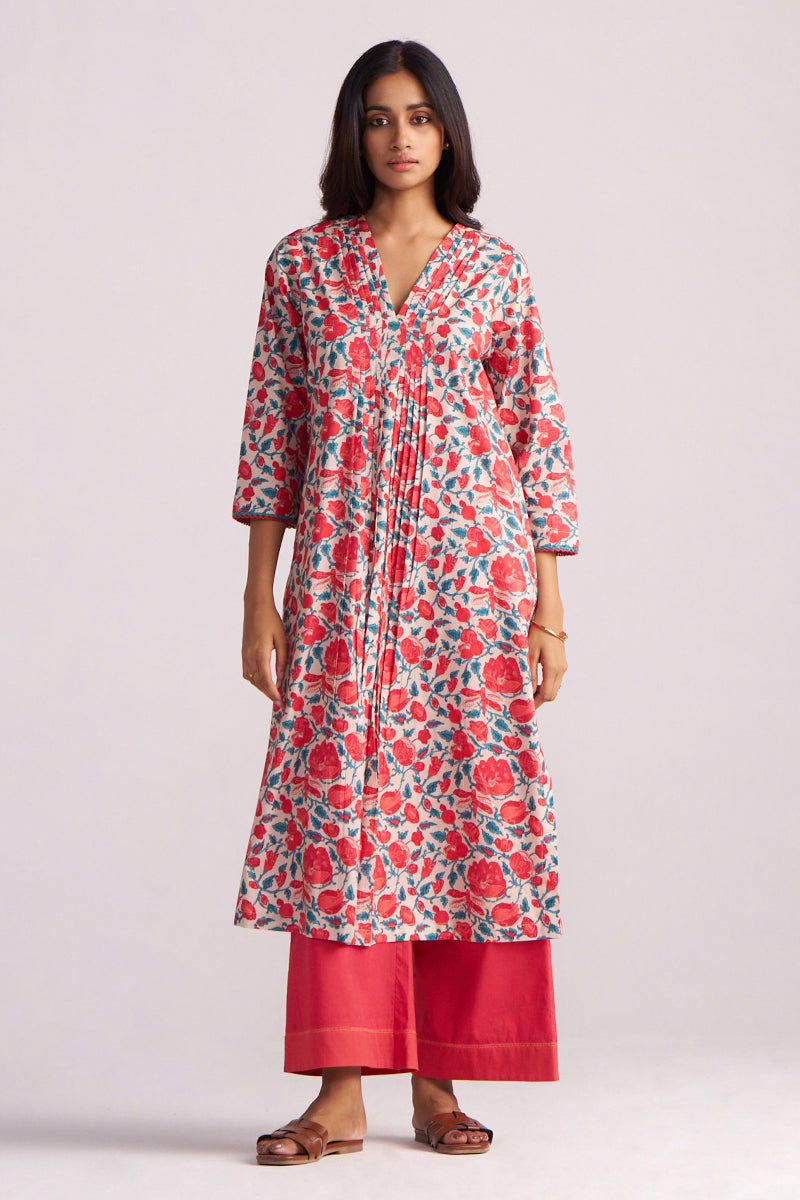 Beige and Red Cotton Print Co-ord Set