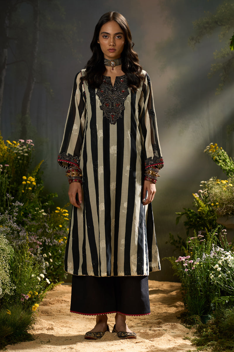 Black and Off White Stripe Traditional Co-ord Set