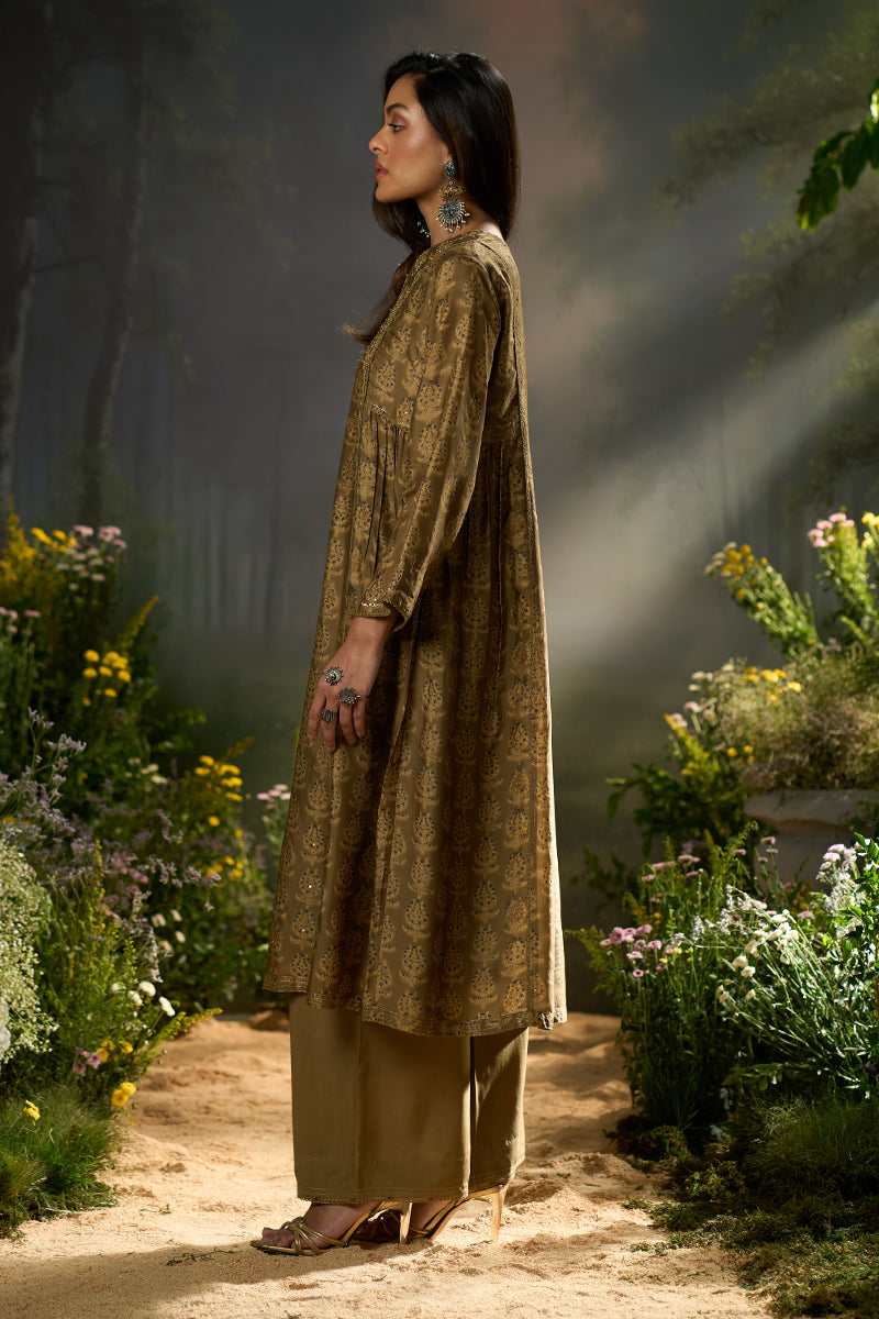 Olive Green Silk Print Festive Kurta Set