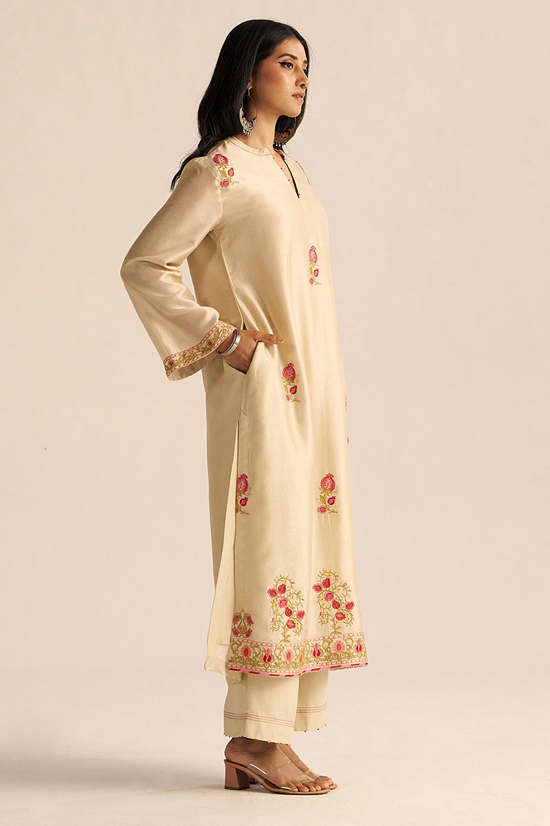 Mascarpone Cream Raw Silk Embroidered Co-ord Set