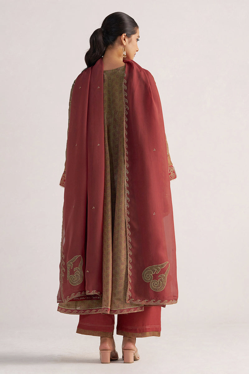 Lark Beige and Dull Maroon Tissue Print Kurta Set
