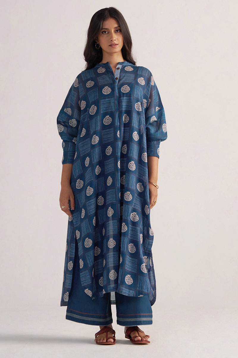 Morroccan Blue Anar Print Mul-Chanderi Co-ord Set