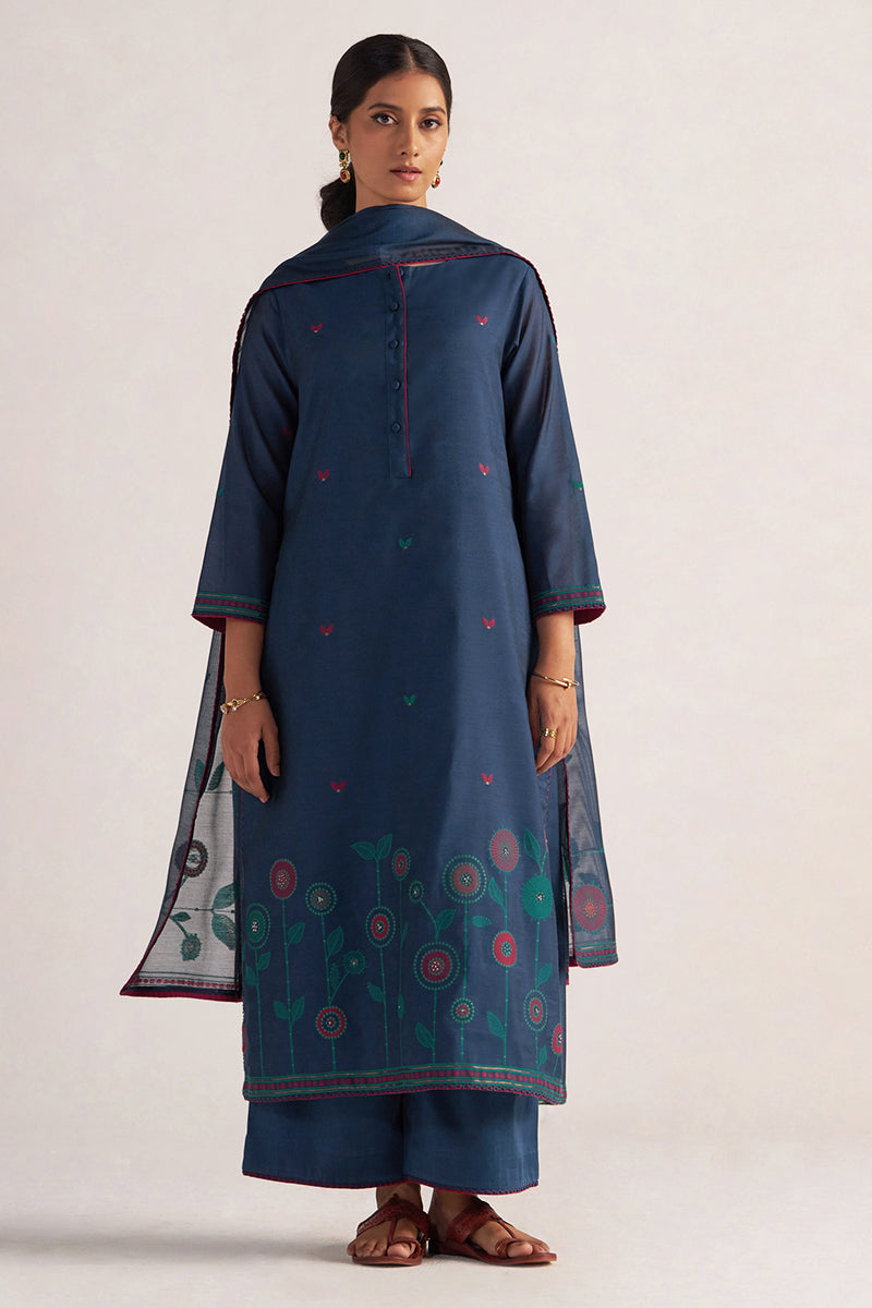 Legion Blue Woven Chanderi Kurta Set