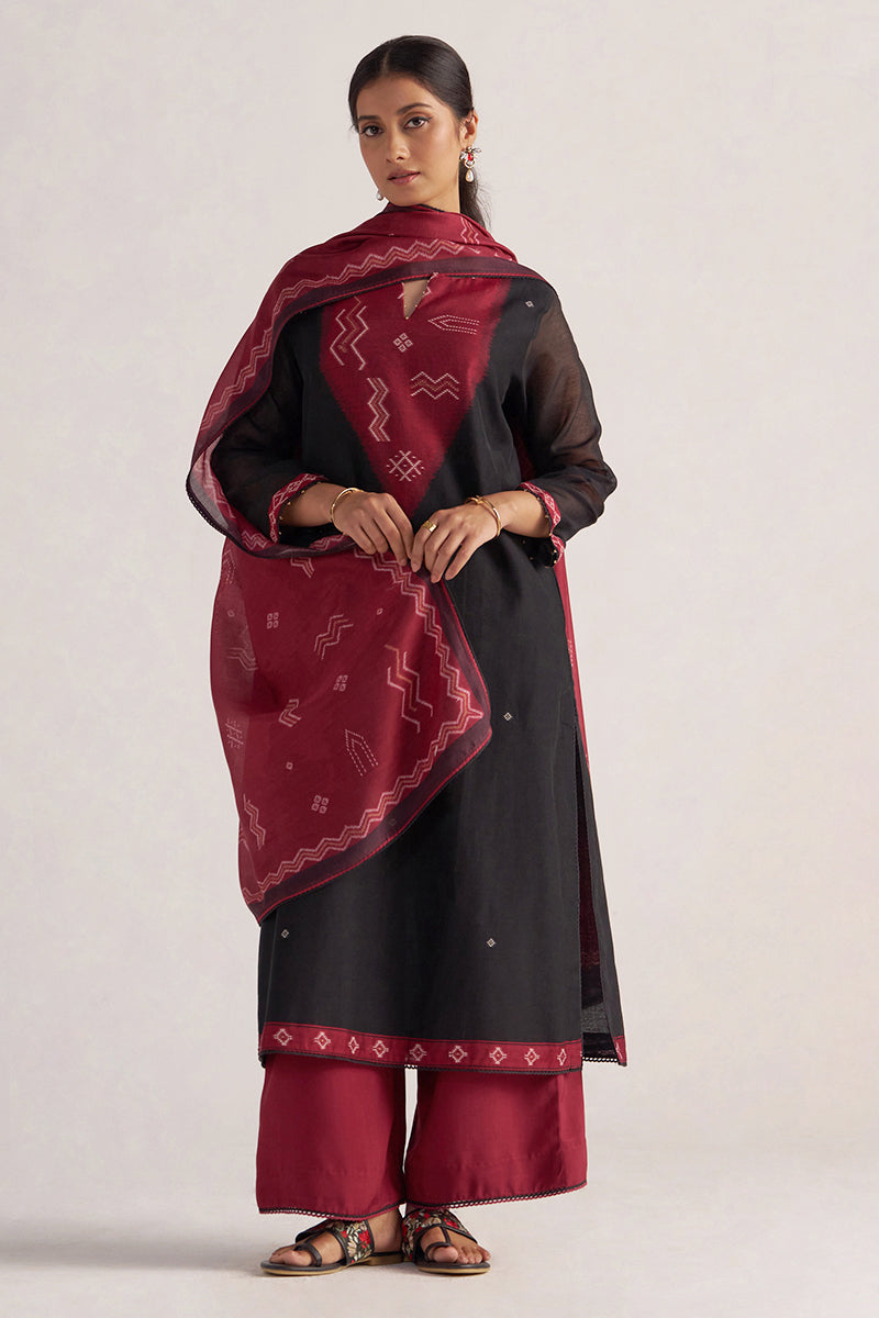 Black and Maroon Woven Kurta Set