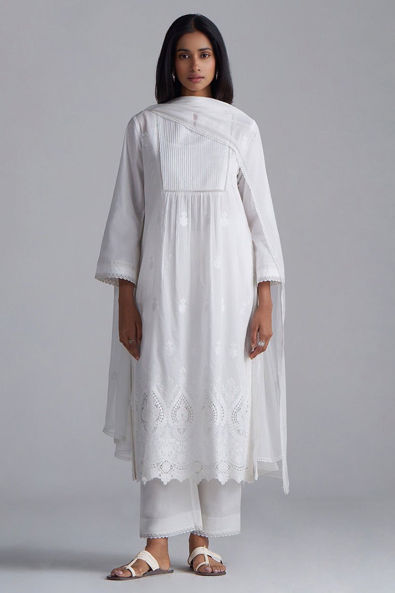 White Mul-Mul Embroidered Kurta Set