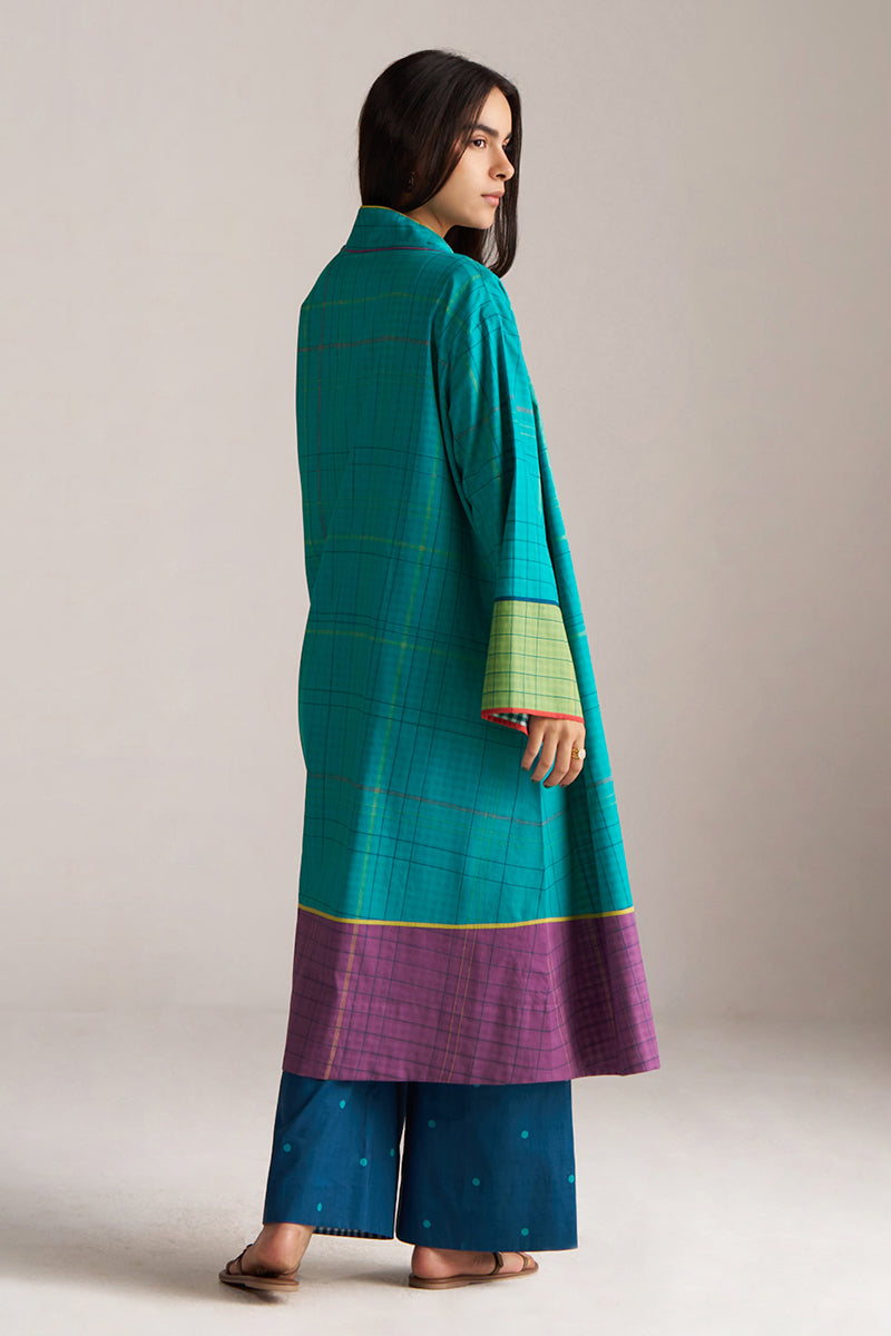 Navigate Blue Checkard Kimono With Moss-Yellow Top and Blue Bottom Co-ord Set