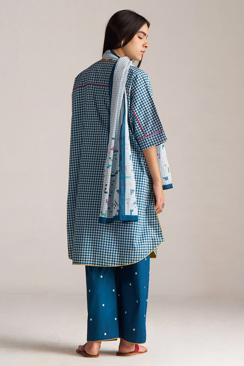 Blue and White Mul-Mul Checkard Co-ord Set With Stole