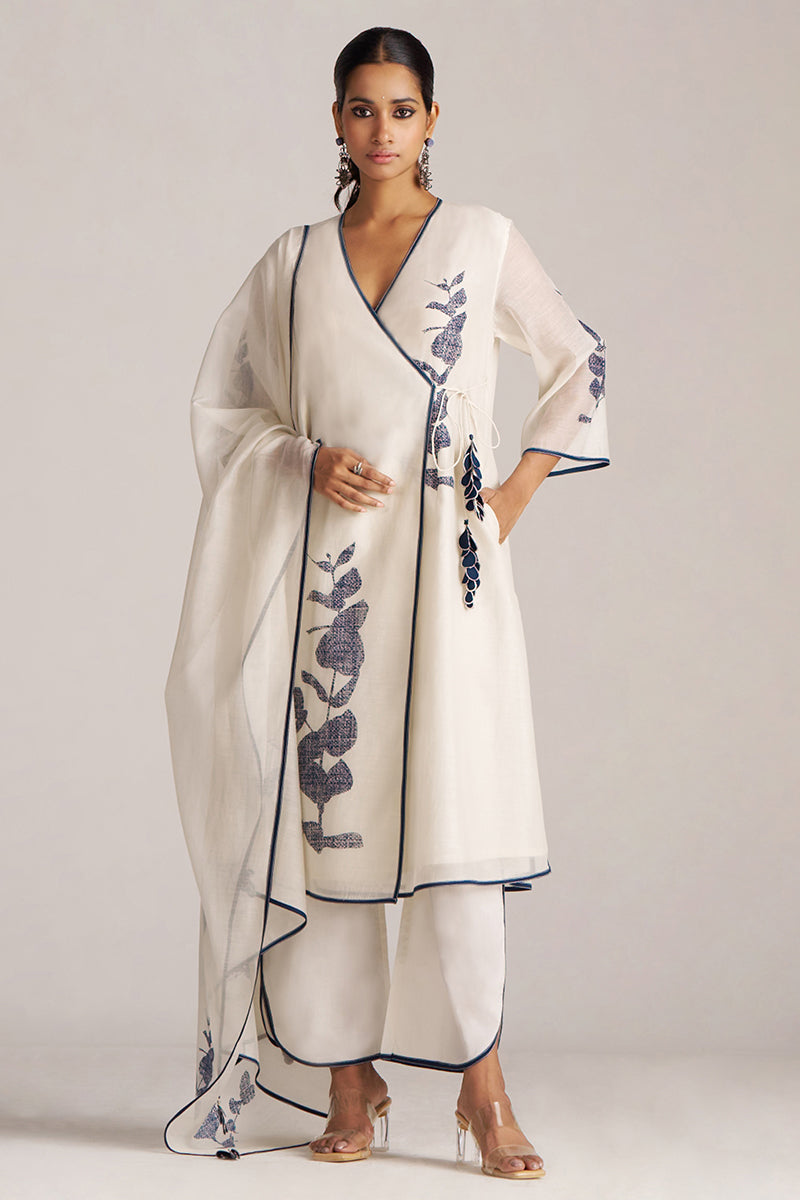 Ivory and Navy Blue Pure Chanderi Kurta Set