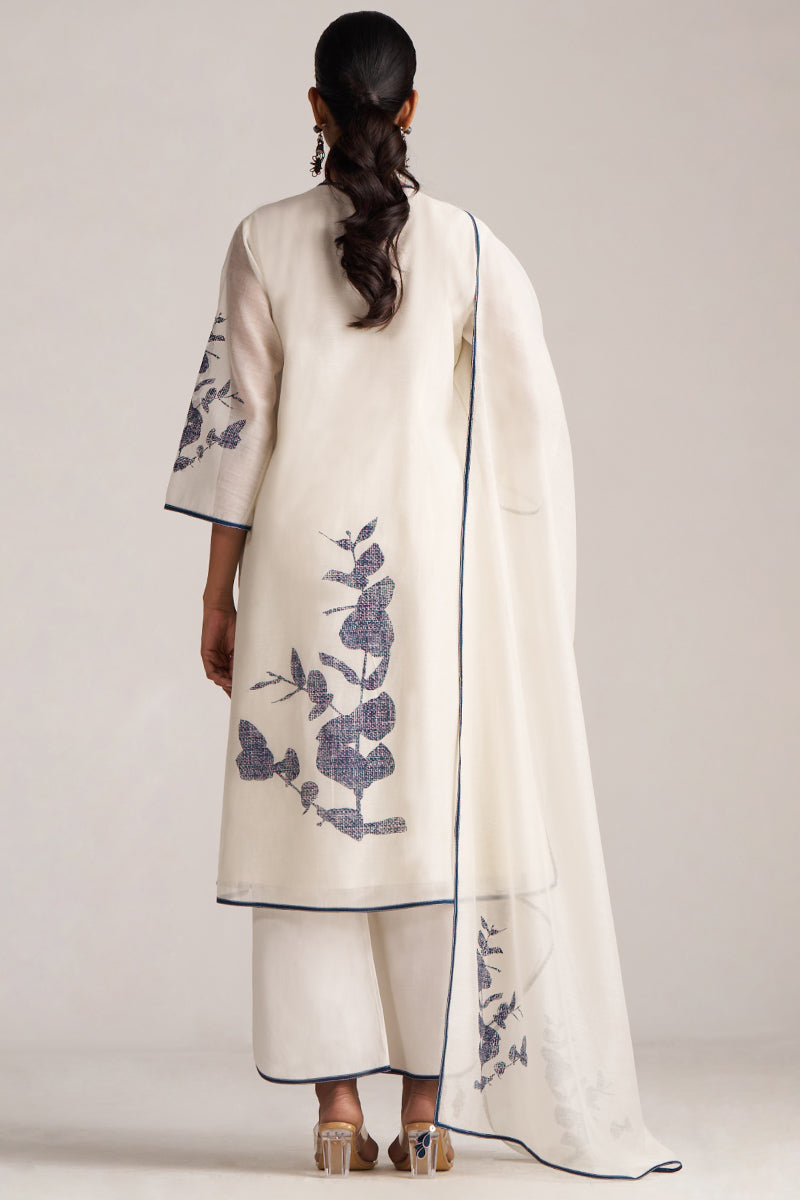 Ivory and Navy Blue Pure Chanderi Kurta Set