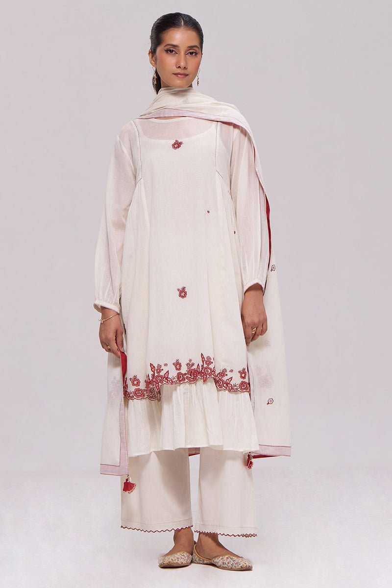 Ivory and Maroon Pure Cotton Kurta Set