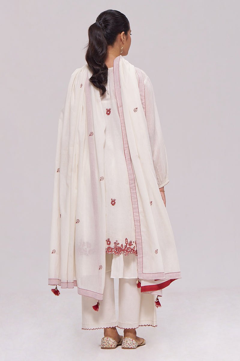 Ivory and Maroon Pure Cotton Kurta Set
