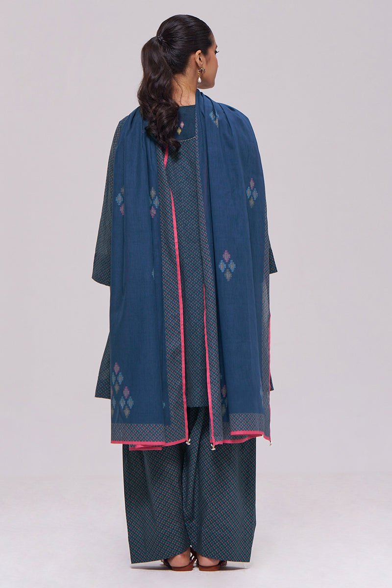 Deep Blue Printed Mul-Mul Kurta Set